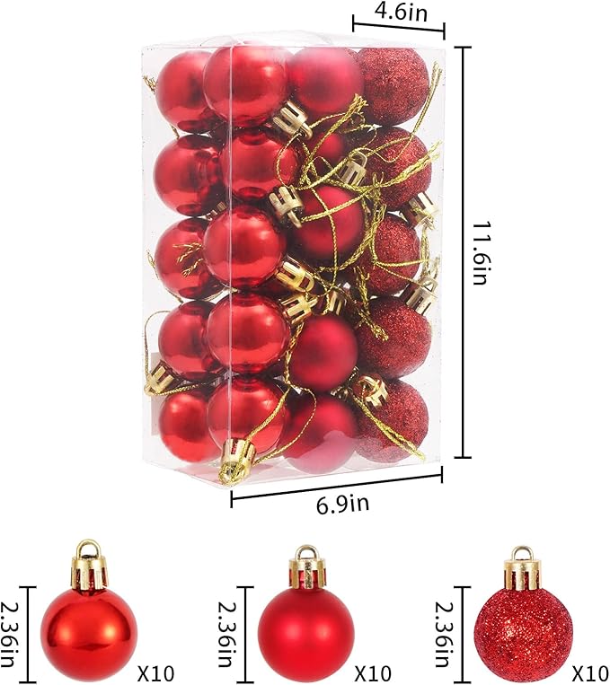 30ct Christmas Ball Ornaments, 2.36" Shatterproof Christmas Tree Decorations, Perfect Hanging Ball for Indoor/Outdoor Holiday Party Decor (Red)