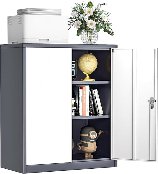 INTERGREAT Metal Cabinet with Lock, Lockable Metal Storage Cabinets with Doors and Shelves for Garage, Grey White Locking Garage Storage Cabinets 36"×32"×16"