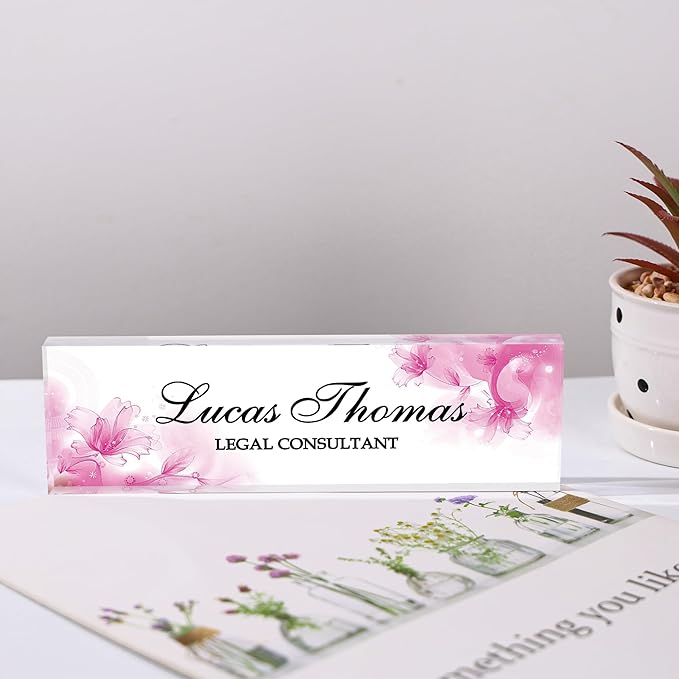 Custom Name Plate for Desk, Personalized Acrylic Office Name Sign with Name & Title, Elegant Desk Decor for Women Men, Employee Appreciation Gift (Pink-1)