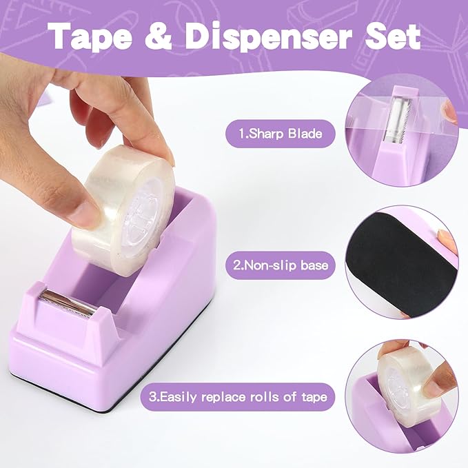 Office Supplies Set, Purple Stapler and Tape Dispenser Set with Staple Remover, Stapler and Staples Set with 1000 Staples, Clips, Tape, Scissor and Tabs, Desk Accessories for Women Student