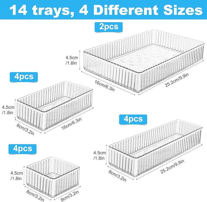 HOTOOLME 14PCS Clear Drawer Organizers Bins, 4 Size Clear Makeup Drawer Organizer, Stackable Vanity Drawer Organiser Trays, Bathroom Drawer Storage for Cosmetics, Office Supply