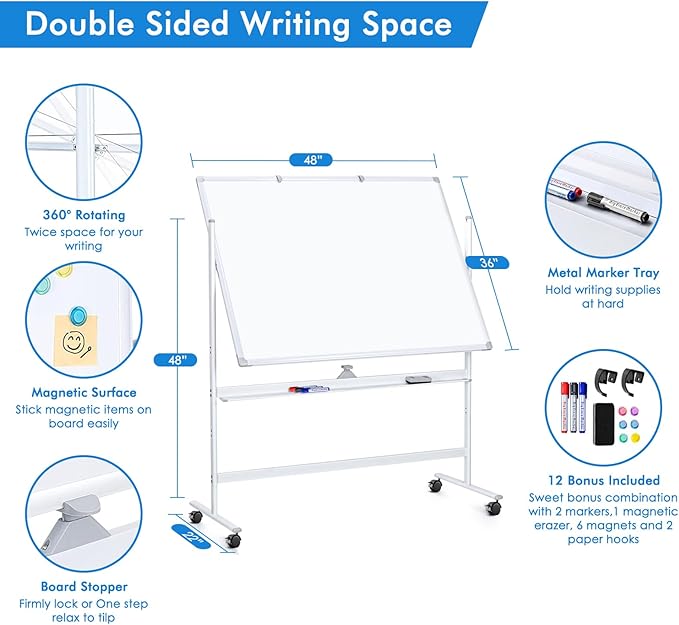 Large Rolling White Board, 48x36 in Double-Sided Mobile Whiteboard, maxtek Reversible Magnetic Dry Erase Board Easel Standing Whiteboard on Wheels Portable Board for Office Classroom and Home, Silver