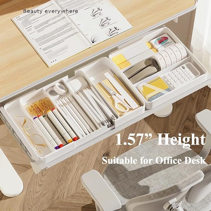 Shallow Drawer Organizer, Expandable Office Drawer Organizers Dividers, Pen Organizer for Desk, Tray Box Accessories for Desktop, Bathroom, Kitchen, Makeup, Vanity, Medicine