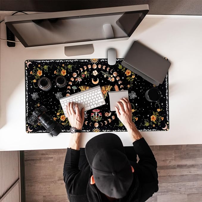 Moth Desk Pad Mushroom Phase Moon Phase Desk Mat, Boho Flowers and Leaves Computer Big Mouse Pad Washable Cloth Non-Slip Rubber Base Keyboard Pad Mouse Mat for Office with Stitched Eges 31.5x15.7 in