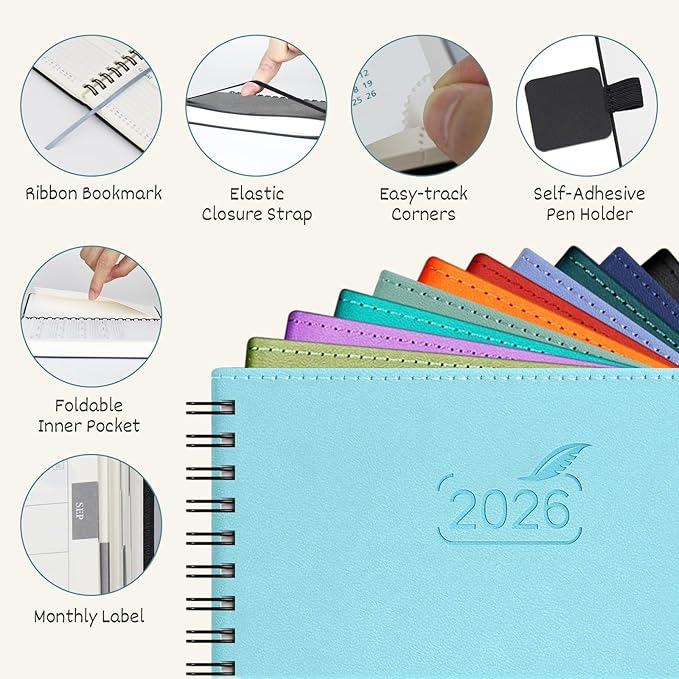 BEZEND Pocket Calendar 2026 Weekly and Monthly (3.5" x 6" Spiral) Small Daily Planner for Purse (Jan-Dec) with Notes & Expenses, Inner Pocket, Pen Holder, Vegan Leather Softcover - Sky Blue