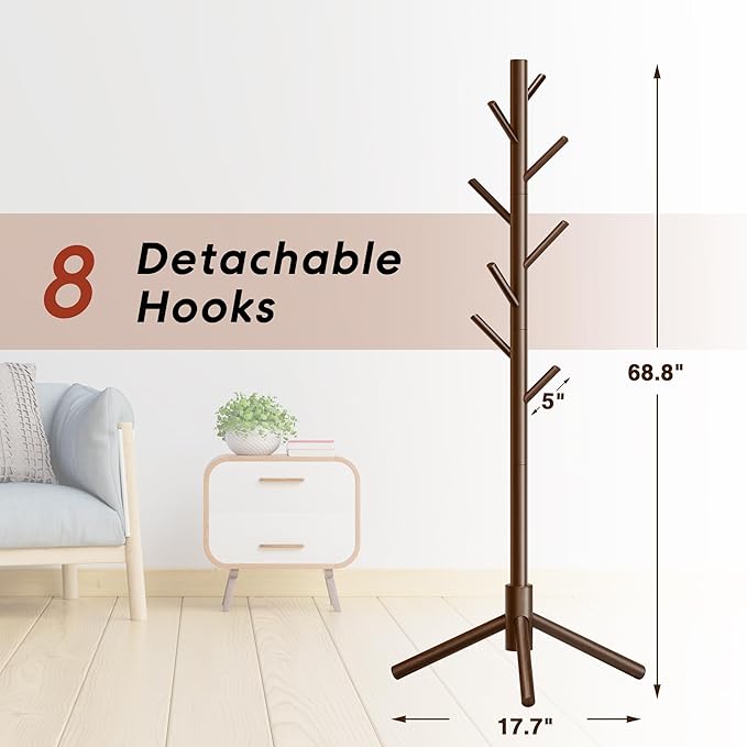 Wooden Coat Rack, Free Standing Coat Rack with 8 Hooks 3 Adjustable Heights for Clothes, Hats, Handbags, Coat Tree Easy Assembly for Entryway, Bedroom, Hallway, Office(2PCS)