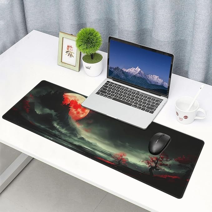 Extended Gaming Mouse Pad, Large Desk Mat XL Anime Mouse Pad Waterproof with Stitched Edges, Non-Slip Desktop Pad for Home and Office, Level Up Your 31.5x11.8 Inch (Red Moon)
