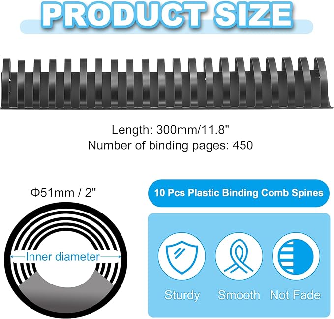 PATIKIL 51mm (2") Plastic Binding Combs, 10 Pcs 21 Rings Comb Binding Spines 450 Sheet Capacity Letter Size for Binding Paper Sheets Notebook Calendar Picture Album, Black