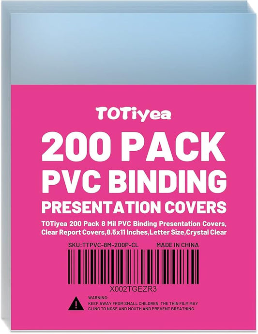 TOTiyea 200 Pack 8 Mil PVC Binding Presentation Covers, Clear Report Covers for Binding,8.5x11 Inches,Letter Size