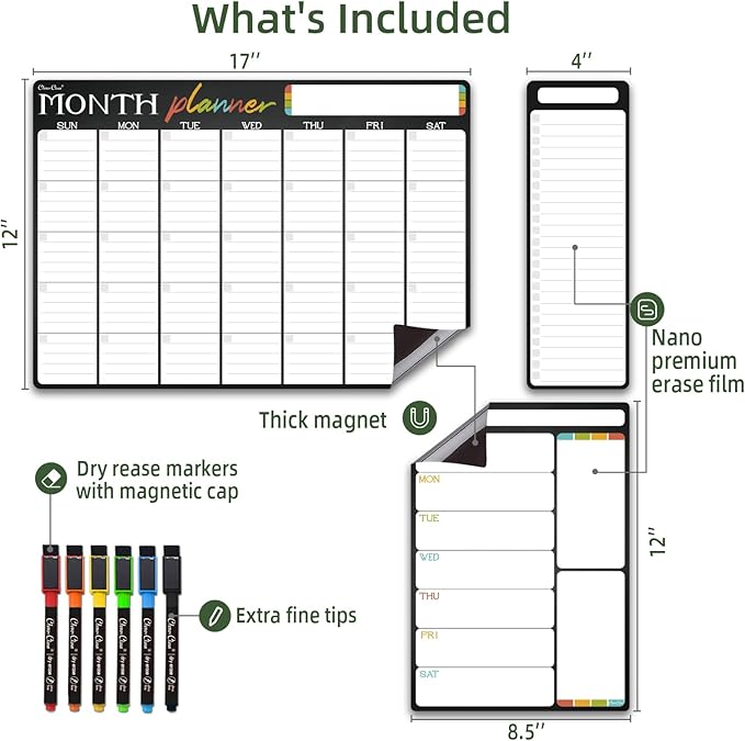 Magnetic Dry Erase Monthly Calendar Set - 17"x12" Monthly and 8.5"x12" Weekly Calendar, 4"x12" List Board for Fridge - 6 Extra Fine Point Dry Erase Markers Included - Shipped Flat