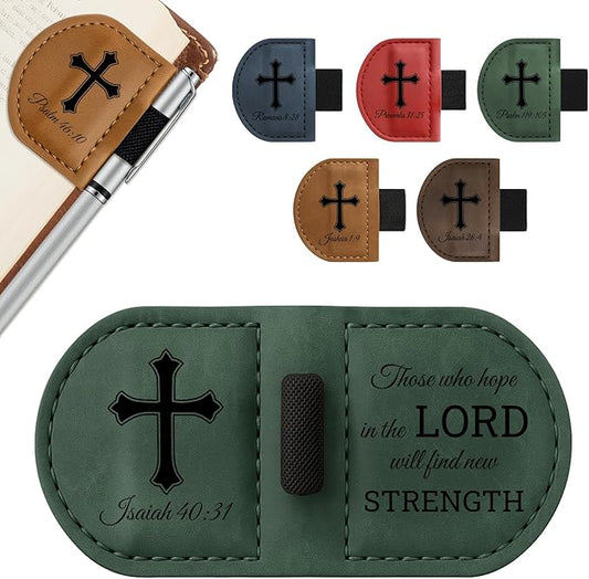 Bygone Mark Personalized Magnetic Leather Bookmark with Pen Holder - Inspirational Bible Verse Scripture Design, Custom Book Marker for Book Lovers Men Women (Green-Isaiah 40:31)