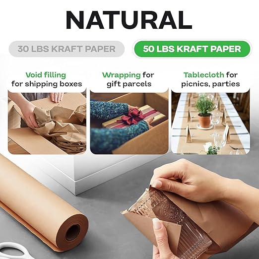 Brown Kraft Paper Roll 12" x 8640" (720 feet) for Packing, Moving, Shipping, Crafts - Heavy Duty USA-Made Craft Paper 50lb Thickness - 100% Recyclable Natural Kraft Wrapping Paper by IDL Packaging