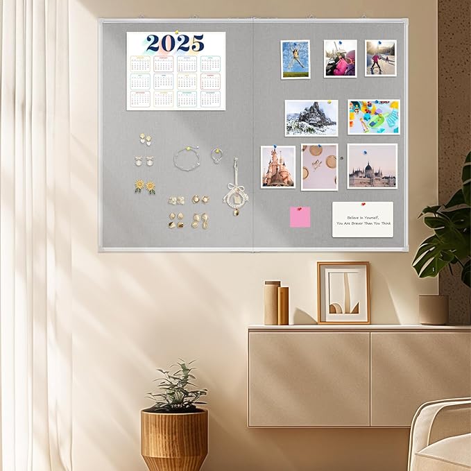 Double-Sided Large Cork Board with Linen, 48" x 36" Foldable Hanging Aluminum Framed Bulletin Board, Vision Board Pin Board Corkboards for Walls, Office, School Decor, 20 Pushpins
