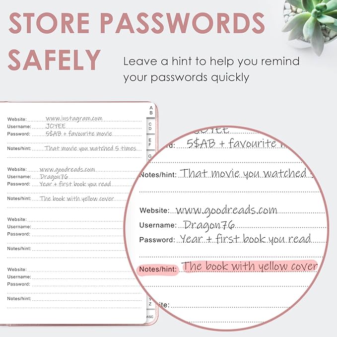 Elegant Password Book with Alphabetical Tabs - Hardcover Password Book for Internet Website Address Login - 7" x 10" Password Keeper and Organizer w/Notes Section & Back Pocket (Rose Gold)