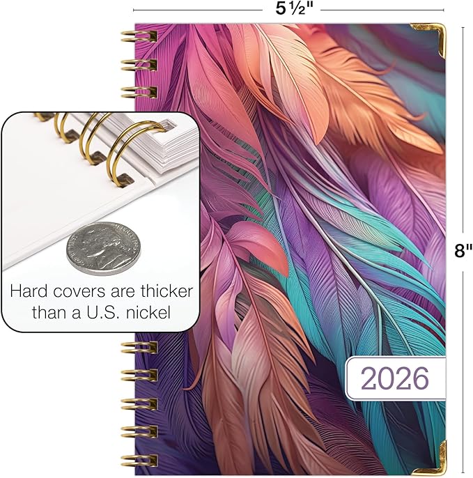 HARDCOVER 2026 Planner, 5.5"x8": 14 Months (November 2025 - December 2026), Daily Weekly Monthly Planner, Yearly Agenda, Bookmark, Pocket Folder and Sticky Note Set (Pastel Peacock)