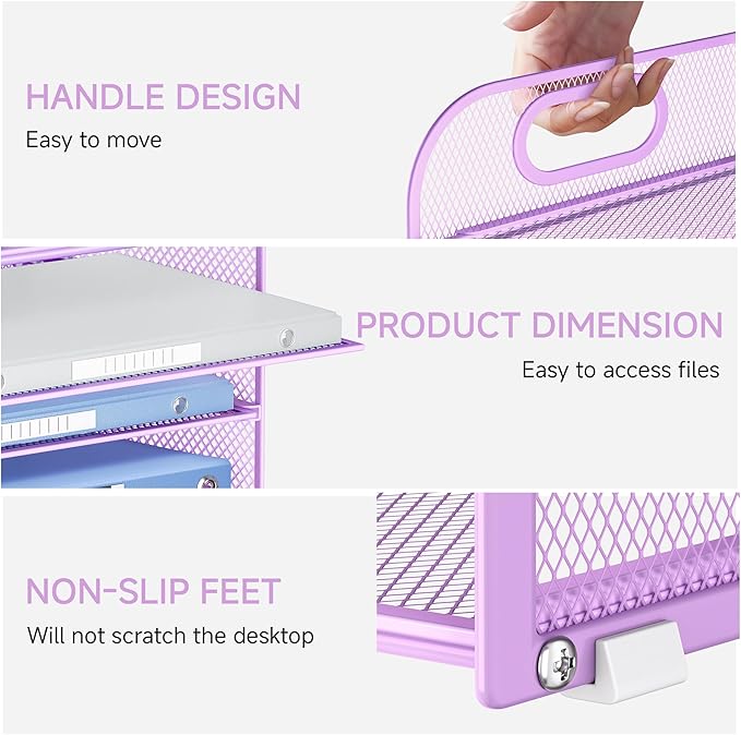 Lavatino 4-Tier Paper Organizer Trays - Purple Mesh File Folder Sorter with Handles, Desk Letter Holder Organizer for Office, Home, School Supplies Storage & Organization