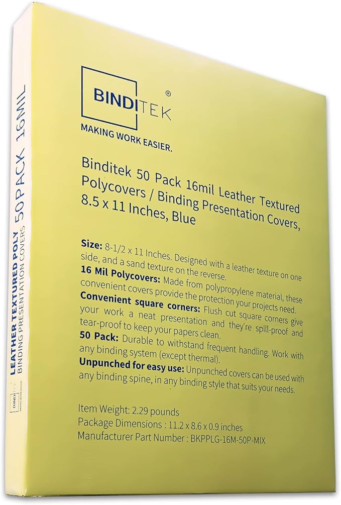 Binditek 50 Pack 16 Mil Leather Textured Polycovers - Binding Presentation Covers for Business Reports and Proposals 8-1/2 x 11 Inches, Blue Color, for Students and Coworkers