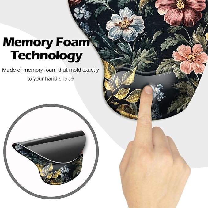 DOOKE Ergonomic Mouse Pad with Wrist Support,Mouse Pad with Wrist Rest and Coaster Set,Office Supplies Non-Slip Mouse Pads for Desk,Comfortable Cute Retro Floral