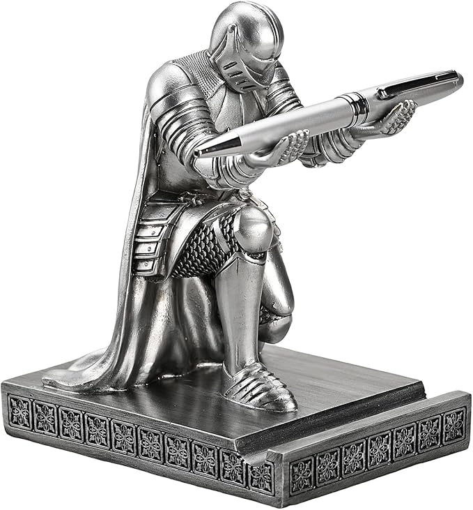 Windbreaker Soldier Knight Pen Holder Personalized Desk Accessory, Mobile Phone & Gaming Controller Holder, Device Stand Gift for Medieval Enthusiasts (Silver)
