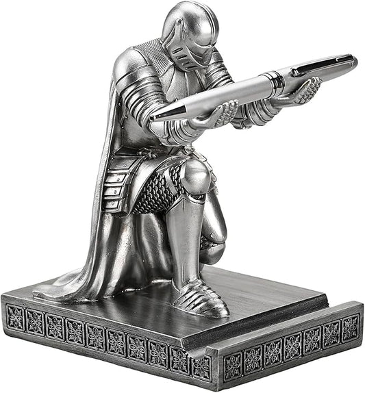 Windbreaker Soldier Knight Pen Holder Personalized Desk Accessory, Mobile Phone & Gaming Controller Holder, Device Stand Gift for Medieval Enthusiasts (Silver)