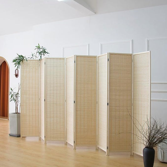 8 Panel Room Divider and Folding Panel Screen,Bamboo Panel Divider Screen for Room Separation,Beige,67" H x 122.8" W