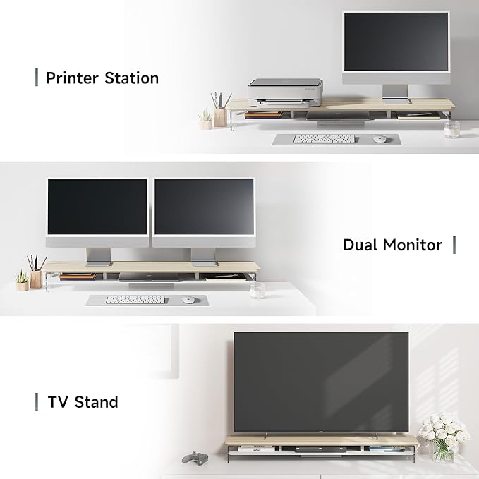 Fenge Acrylic Monitor Stand Riser, 42.5 Inches Dual Monitor Stand with Metal Storage, 2 Tier Acrylic Computer Riser for Desk, Clear Laptop Stand for PC, Laptop, Printer, TV, Oak
