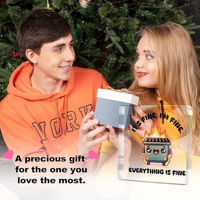 White Elephant Gifts, Funny Desk Decor, Dumpster and Fire Acrylic Sign - i am fine, everything is fine, Office Supplies Cubicle Table Shelf Decor, Funny Gifts for Coworkers Nurse Teacher Friends