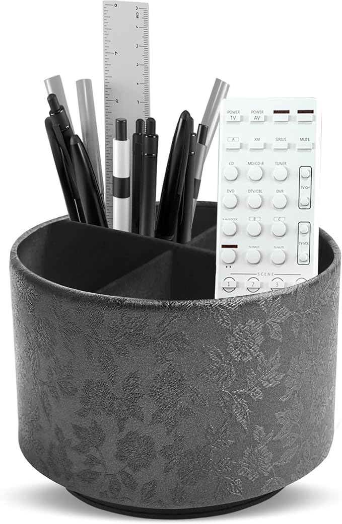 lizimandu Round Leather Art Supply Organizer,Remote Control Holder,360 Degree Spinning,Multi-Functional Pencil Holder,4 Compartments Desktop Stationary Organizer(1-Liuli Black)