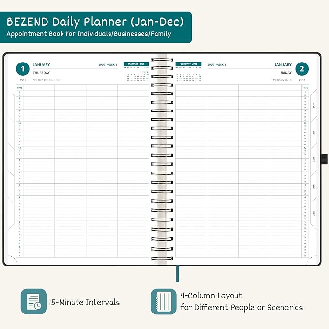 BEZEND Appointment Book 2026 Daily Planner, Quarter-Hourly in 4 Columns (Large-8.25" x 11.75") Page per Day Even Weekend, Monthly View with Tab & Weekly Schedule, PU Leather Softcover in Dark Green