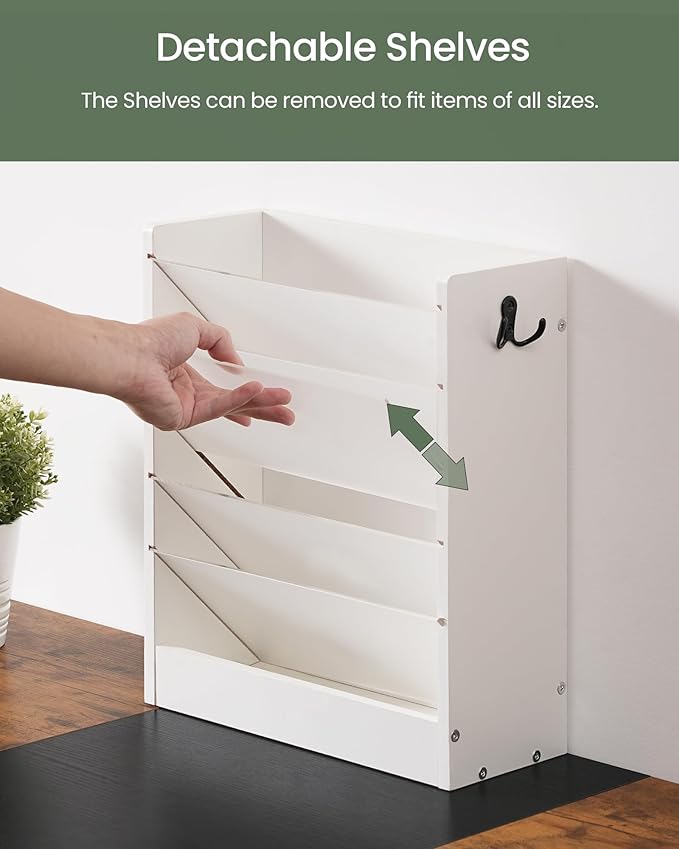 Wall File Holder, 6-Tier File Organizer, Office Supplies Storage Rack, Versatile Desktop Organizer, with Detachable Shelves, with Side Hooks, for Living Room, Study, Home Office, White MWJ02WB