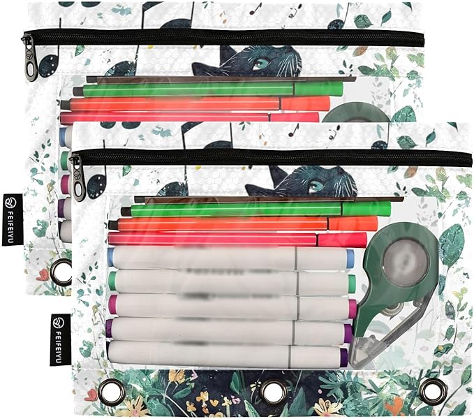 ZAZYXTJ Cat Binder Pencil Pouchs 3 Ring with Zipper Clear Window Office Organizers bag for School Students Teacher Supplies 2 Pack