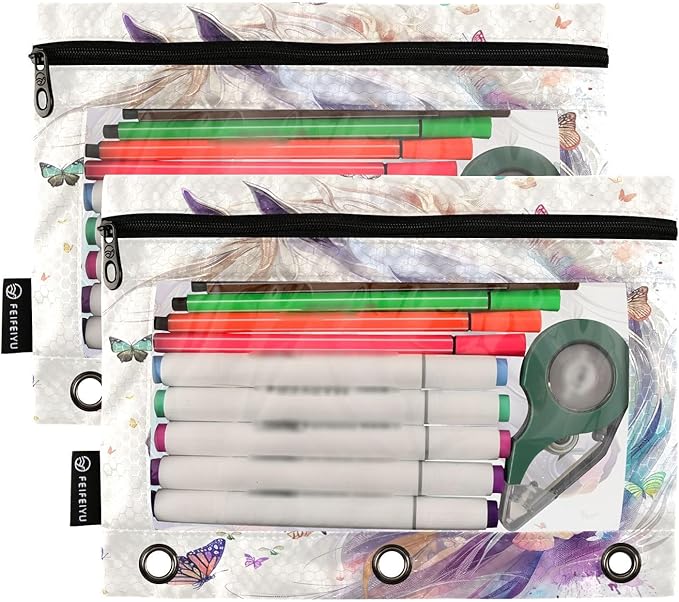 White Horse Butterflies Pencil Pouch for 3 Ring Binder, 2 Pack Waterproof Pencil Bags Clear Window Zipper School Office Supplies