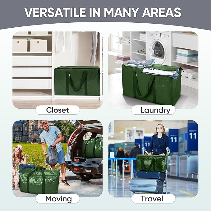 TICONN 4 Pack Extra Large Moving Bags with Zippers & Carrying Handles, Heavy-Duty Storage Tote Moving Boxes for Space Saving (4 Pack, Olive)