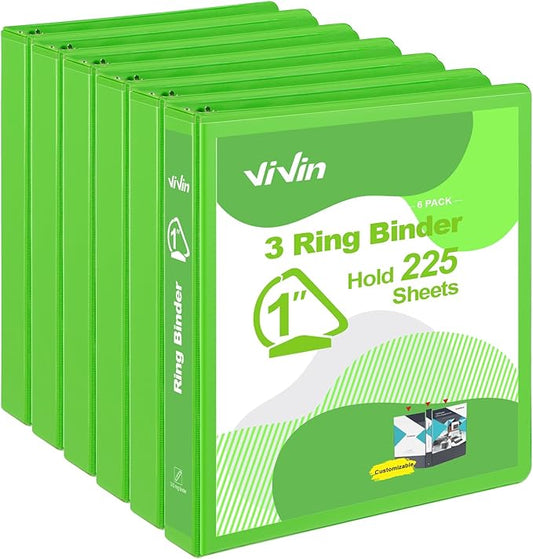 ViVin Sturdy 1 Inch D Ring Binders, 3 Ring Binders with 2 Pockets, Hold 225 Sheets of US Letter Size Paper for Office,Home,School, 6 Pack (Ivy Green)