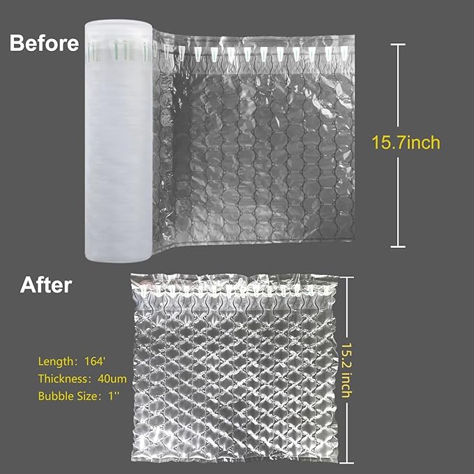 Inflatable Bubble Cushioning Wrap Roll Bottle Shipping Sleeves 15.7"x164' Air Pillows for Shipping Moving, Large Size Air Bubbles Packing Supplies for Fragile Items Packaging Material