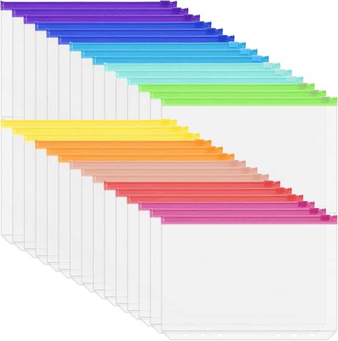 Antner 30PCS A5 Binder Pockets 6-Hole Cash Stuffing Envelopes for Money Saving, 10 Assorted Color Zipper Pouch Folders Budget Planner Inserts Loose Leaf Money Organizer Bags for A5 6-Ring Binder