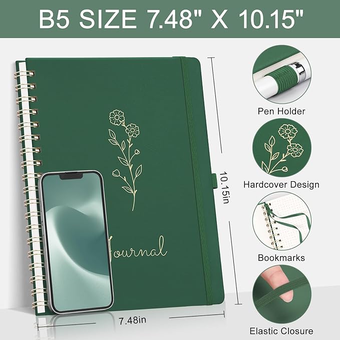 EMSHOI B5 Bullet Dotted Journal Notebook -140 Pages 100GSM Dot Grid Paper, Vegan Leather Floral Cover with Spiral Binding for Bullet Journaling, Bible Study, Work & School - Includes Ruler -Dark Green