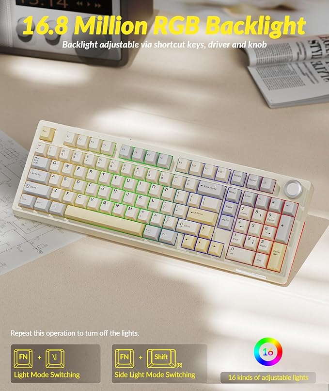 KI99 Pro 96% Wireless Mechanical Gaming Keyboard, Creamy Keyboard with Number Pad, Hot-Swappable Pre-Lubed Switches, Gasket Structure RGB Keyboards for Gamer/PC/Laptop(Beige White)
