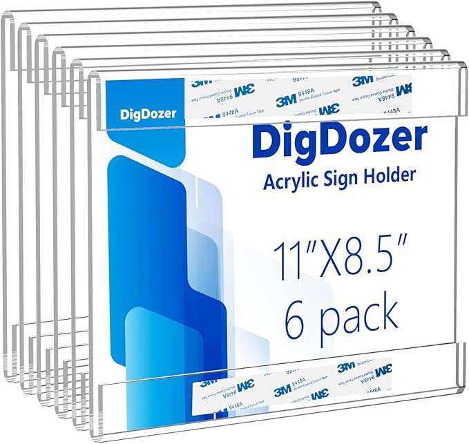 6 Pcs Acrylic Sign Holder 11 x 8.5, Horizontal Wall Mount Sign Holders with Adhesive, Clear Plastic Frames Paper Display Sign Holders for Office, Home, Store, Restaurant - No Drilling