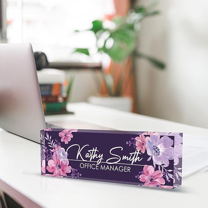 Personalized Name Plate for Desk, Custom Desk Name Plate, Acrylic Name Plate Office Desk Accessories, Personalized Office Gifts for Coworkers Teachers, Employee Appreciation Gifts (B-Watercolor)