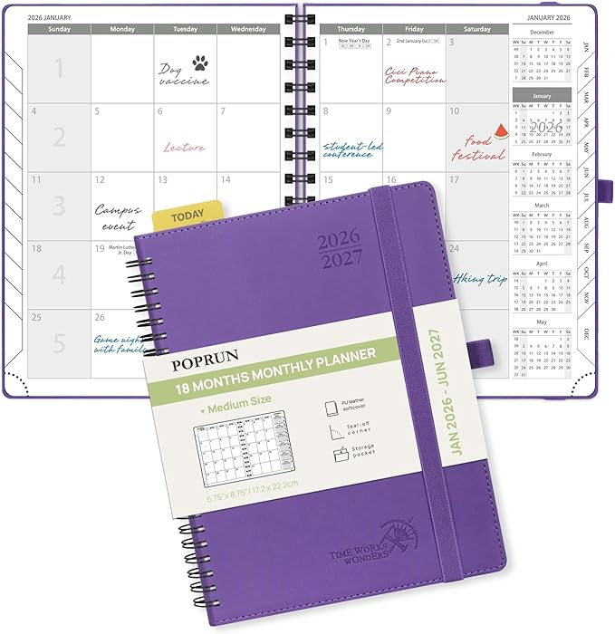 POPRUN Monthly Planner 2026-2027 (Medium 6.5" x 8.5") 18 Months Calendar (Jan 2026 - Jun 2027) - 4 Pages per Month with Expense & Notes, Stair-like tabs, Leather Cover, Sunday Starts - Purple