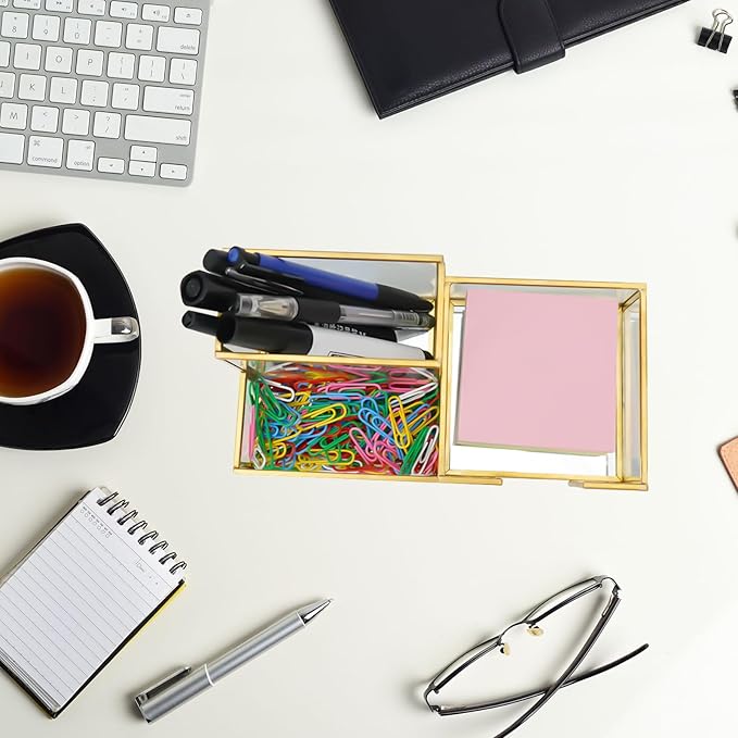 Desk Organizer with 3-Compartments,Glass Small Desk Organizer for Pens Pencils Business Cards Sticky Notes Paper Clips,Gold Stylish Pen Holder for Desk Home Office Decor