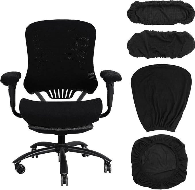 Tallew 4 Pcs Office Chair Covers Set Computer Universal Protective Stretchable Chair Seat Covers Desk Armrest Slipcovers Pads Office Cushion Backrest for Rotating(Black)