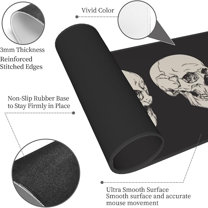 Human Skull Gaming Mouse Pad Non Slip XL Large Mousepad Stitched Edge Rubber Base Desk Mat for Laptop PC Computer