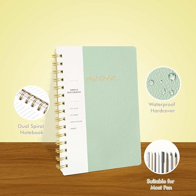 Lined Spiral Notebook College Ruled A5 Journal Book for Note Taking, 160 Pages Writing Journal for Office and Home School Supplies 5.75 x 8.125 inch - MintGreen