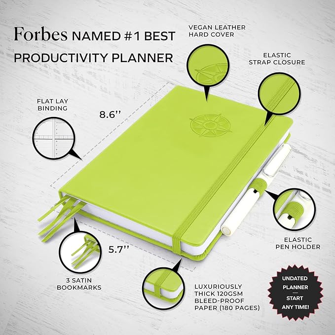 Smart Planner Pro – Undated Daily Planner – Small A5 – Achieve Goals & Increase Productivity – Weekly, Monthly, Work Sections, Organizer Diary with Back Pocket, 3 Satin Bookmarks & Pen Holder