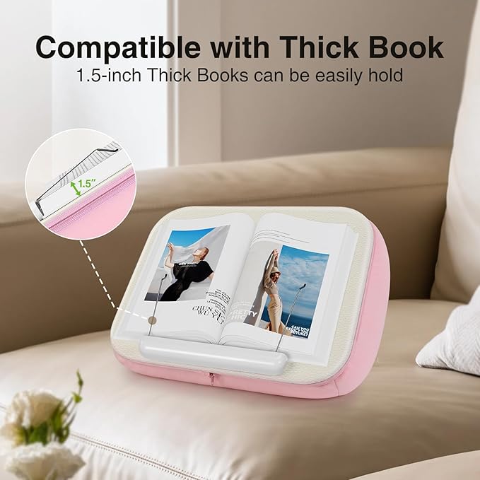 elitehood Book Stand, Comfortable Book Stand with Pillow Pad for Hand Free Reading in Bed, Bed Book Lap Holder - Minimize Neck Strain & Perfect Idea for Book Lovers in Dorm Room or Anywhere, Pink