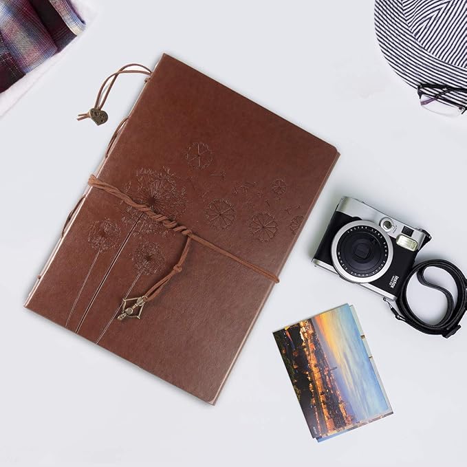 ThxMadam Scrapbook Photo Album Vintage Leather DIY Memories Book Wedding Guest Book with 60 Black Pages Present for Christmas Valentines Anniversary Mother’s Day Birthday Gift for Mum Dad Friend