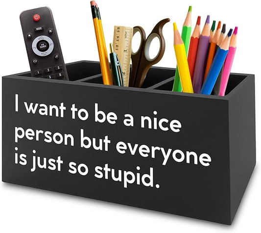 Funny Pen Pencil Holder Organizer for Desk, Sarcastic Gifts for Women Men Coworkers, Office Humor Gifts, Funny Wooden Box Sign for Home Office Desk Tabletop Decorations