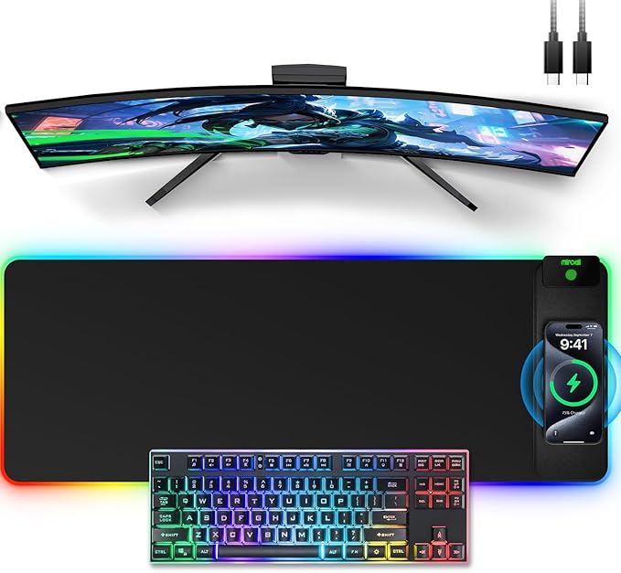 Wireless Charging Mouse Pad, 31.5"x11.81" XL Gaming Mousepad with 11 RGB Colors & 5 Lighting Modes, Home Office Large Desk Pad, Ultra-Smooth Surface, Non-Slip, Waterproof Keyboard Pad Black Desk Mat